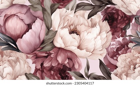 Delicate floral watercolor pattern for textiles and backgrounds, watercolor peonies flowers and green leaves, soft colors, boho style on a light background, floristic vintage