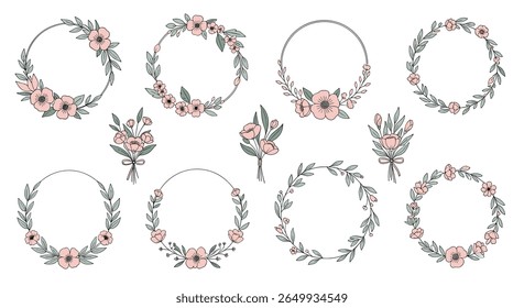 Delicate floral wreath collection with budding blossoms and leafy accents for elegant design projects