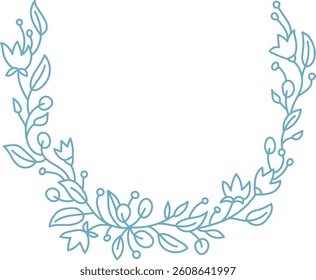A delicate floral wreath composed of intertwined branches and leaves in a minimalist line art style. Curved stems and abstract flowers create an elegant circular frame. Cartoon vector illustration.