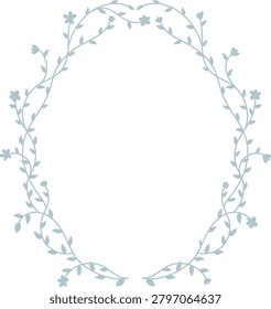 Delicate floral wreath forms an oval border with thin vines, tiny leaves, and small blossoms in a hand drawn style. Symbolizes elegance, invitation, and vintage charm. Cartoon vector illustration.