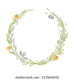 Delicate Floral Wreath. Hand painted watercolor wild flowers for wedding, invitation, logo, monogram, card. Hand drawn vintage laurel