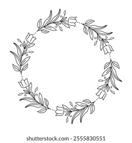 Delicate Floral Wreath with Tulips, Minimalist Black and White Design with Tulip, Blossoms and Slender Leafy Branches