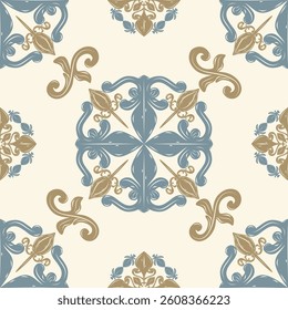 Delicate Flourish Baroque Repeat Seamless Pattern. Luxury Style Golden Blue Ornament Scroll on Beige Background. Elaborate Round Medieval Filigree Rich Elegance Design for Wallpaper Tiles Ceramic Silk