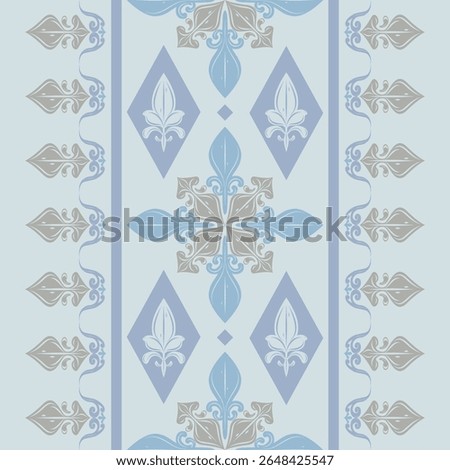 Delicate Flourish Border Pattern With Motif Scroll Ornament Silver Grey Blueish Tones Seamless Design. Dainty Thai Silk Ancient Flowers for Apparel Sabai Garment Saree Embroidery Prints Fabrics Scarf