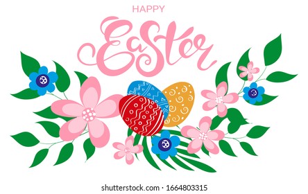 Delicate flower arrangement with hand lettering Happy Easter. Beautiful flowers, green leaves and painted Easter eggs. Isolated elements on a white background. Design for invitations and greeting card