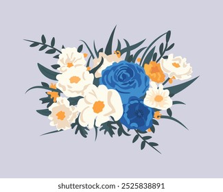 Delicate flower bouquet - vector illustration of lush blue and white flowers with leaves. Template of floral composition isolated on light background 