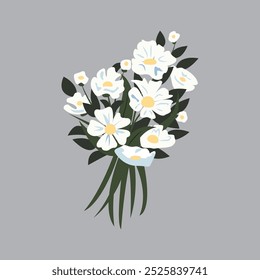 Delicate flower bouquet - vector illustration of lush white flowers with leaves. Template of floral composition isolated on light background 