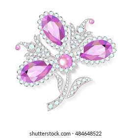 Delicate flower gemstones brooch isolated on white background, vector illustration