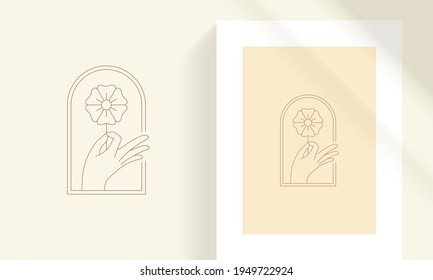 Delicate flower in hand of woman line art style vector illustration. Boho linear drawing for femininity poster and beauty logo emblem decoration or fashion print.