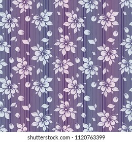 Delicate flower pattern in pastel purple and white tones with gradient, seamless vector as a fabric texture