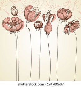 Delicate flowers background. Stylish floral card, hand drawn illustration for different events