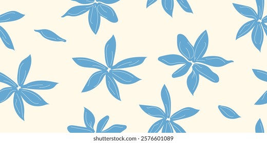 Delicate flowers beautifully in hand-drawn floral pattern blue color, seamless designs on textiles, clothing, gift wrapping, banners, home decor, abstract backgrounds. Vector illustration.