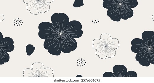 Delicate flowers beautifully in hand-drawn floral pattern with black color, seamless designs on textiles, clothing, gift wrapping, banners, home decor, abstract backgrounds. Vector illustration.