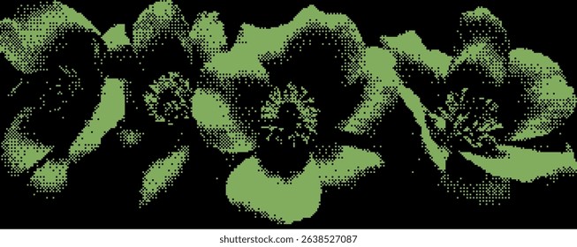 Delicate flowers bloom in an intricate digital design, featuring a rich green palette and pixelated texture. . Bitmap overlay bg with pixel effect 