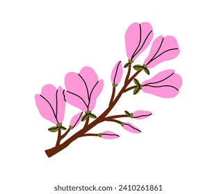 Rama de flores delgadas. Planta de primavera floreciente, ramita suave. Hermosas flores, pétalos, brotes de magnolia en brote. Elemento de diseño botánico. Ilustración vectorial plana aislada en fondo blanco