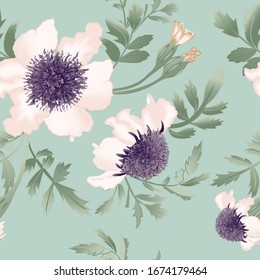 Delicate flowers bunch close up on pale green background. Vector floral seamless pattern.