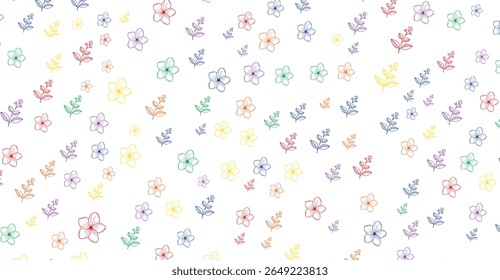 Delicate flowers and leaf sprigs in a delightful array of colors create a charming and cheerful pattern against a clean white backdrop, ideal for adding a touch of whimsy to any project or design.