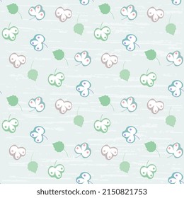Delicate flowers and leaves on a bluish background with old vintage texture. Cute seamless pastel illustration