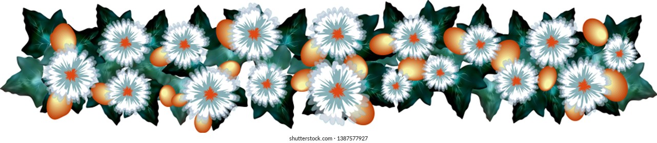  Delicate flowers on the background of green, juicy leaves, arranged in strips for decoration of holidays, festivals, carnivals and website design. White background. Vector illustration.