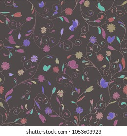 Delicate flowers on a dark background. Chamomile, buds, leaves, curls and butterflies. Design. Gentle colors. Vector image. Line drawing. Cloth, home theme, coziness. Spring-summer theme.