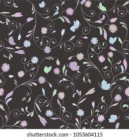 Delicate flowers on a dark background. Chamomile, buds, leaves, curls and butterflies. Design. Gentle colors. Vector image. Line drawing. Cloth, home theme, coziness. Spring-summer theme.