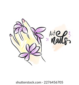 Flores delgadas en la mano con una hermosa manicura, letras a mano, tonos púrpura, garabatos