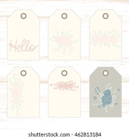 Delicate flowers on a light background. Romantic tags collection  with flowers, lettering.  Set holiday invitations. Shabby chic Collection tags, cute tags, Set tags, printable tags, hand drawn tags
