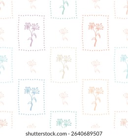 Delicate flowers on a white background. Doodle floral print. Primitive minimalist vector seamless pattern.