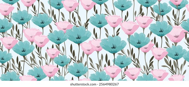 Delicate flowers in pastel colors, seamless background. Pink and blue flowers on a white background. Summer spring print for fabric, packaging, cover, wallpaper or tablecloth. Vector.