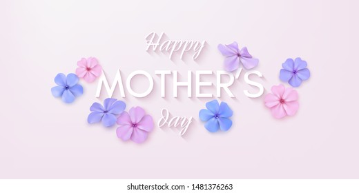 Delicate flowers in pastel colours light pink background   typography congratulation text Happy Mothers Day  Phlox flowers  Vector illustration