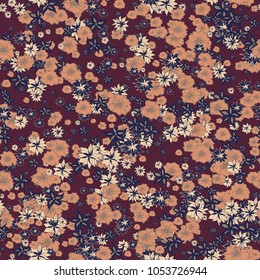 Delicate Flowers. Pattern in Autumn Blossoms for Print, Paper, Textile. Floral Background with Small Flowers. Trendy Pattern for Natural Design