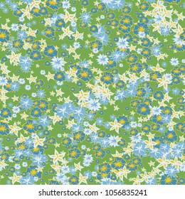 Delicate Flowers. Pattern in Autumn Blossoms for Print, Paper, Textile. Floral Background with Small Flowers. Trendy Pattern for Natural Design