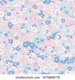 Delicate Flowers. Pattern in Autumn Blossoms for Print, Paper, Textile. Floral Background with Small Flowers. Trendy Pattern for Natural Design