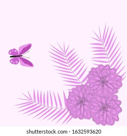 Delicate flowers. Pink butterfly near delicate flowers. Vector illustration