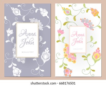 Delicate flowers wedding invitation. Save the date greeting card floral design. Oriental rustic traditional vintage embroidery vector template