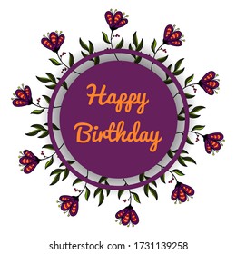 Delicate flowers, wreath, national ornament, place for text, banner, label, bright illustration, folklore, hand-drawn, white background, vector. Happy birthday, purple, green, orange