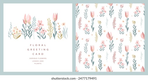 Delicate flowers for your greeting card, discount banner. Postcard template and seamless pattern.Spring,summer.Flat vector illustration