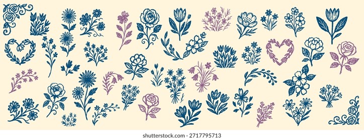 Delicados Elementos florales de arte popular aparecen en estilo de tinta azul y malva, formando ramos, coronas de corazón y ramas decorativas, ideales para papelería de bodas, tarjetas de felicitación y proyectos de marca vintage, con encanto.