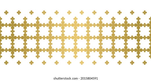 Delicate four leaf water clover seamless garland Border. Stylised gold leave vector, minimal concept. Regular repeating flowers for fancy silk fabrics for fashion and interiors. 