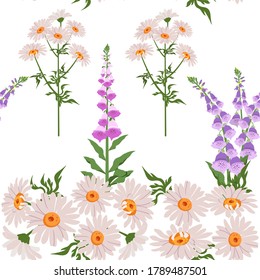 Delicate foxglove and chamomile on a white background. Seamless vector illustration. For decorating textiles, packaging.