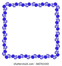 Delicate frame with blue peony flowers isolated on white background for greeting card or invitation design.