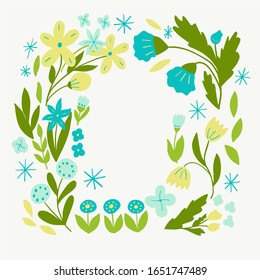 Delicado marco de flores azules y amarillas sobre un fondo blanco en gráficos vectoriales. Para el diseño de tarjetas, invitaciones, felicitaciones, papel de envoltura, impresiones sobre ropa, ropa de cama, platos.
