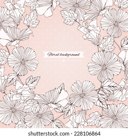 Delicate frame with decorative hibiscus flowers isolated on pastel background. Vintage design for invitation, wedding or greeting cards. Vector illustration