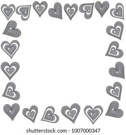 Delicate frame of gray white hearts on a white background,monochrome minimalistic design.Freehand drawing vector. Modern stylish texture.
