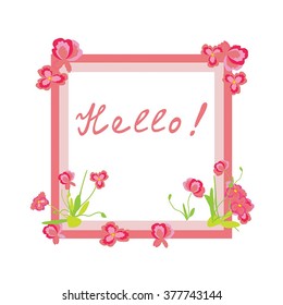 Delicate frame, greeting. For wedding invitations, greeting cards, posters, wedding cards. Gentle rectangular frame with pink flowers, twigs, young green stems and leaves.