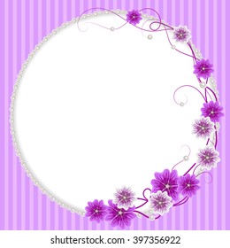 Delicate frame with mallow flowers and pearls on pink striped background for greeting card or invitation design.