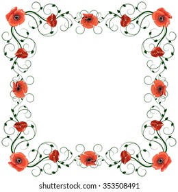 Delicate frame with red poppies isolated on white background for greeting card or invitation design.