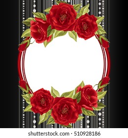 Delicate frame with red roses on dark background with stripes and pearls. Vector illustration for greeting card or invitation design.
