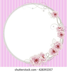 Delicate frame with roses and pearls on pink striped background for greeting card or invitation design.