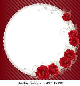 Delicate frame with roses and pearls on red striped background for greeting card or invitation design.